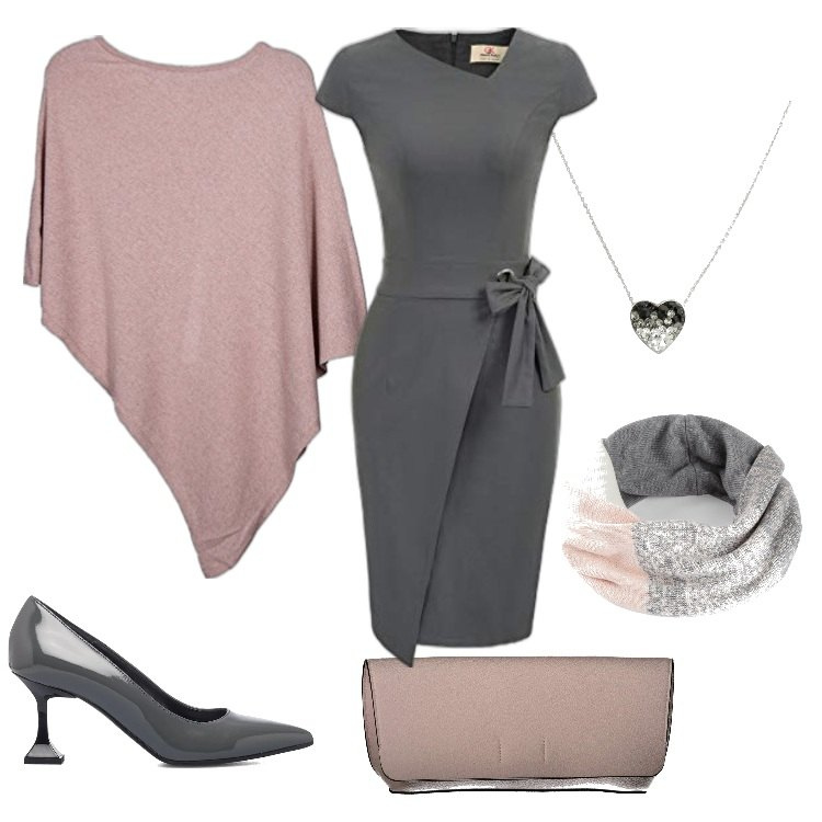 Outfit donna - Rosa e grigio. Stile Trendy per Serata fuori. Abbinamento con foulard, collane, décolleté, vestiti, cappotti, pochette.