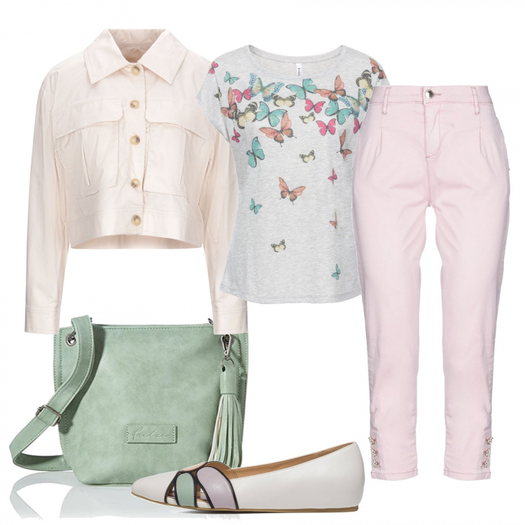Outfit donna - Tonalità acquerello. Stile Casual chic per Tutti i giorni. Abbinamento con pantaloni, giacche, maglieria, ballerine, borse a mano.