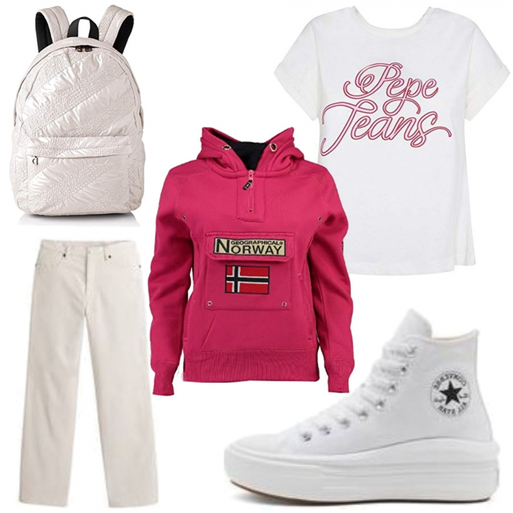 Outfit mujer - Casual con estilo. Estilo Casual para Todos los días. Combinación con sudaderas con capucha, camiseta, mochilas, zapatos deportivos, vaqueros.