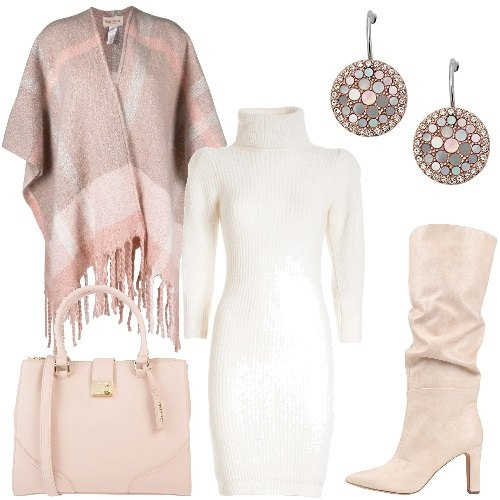 Outfit donna - Ottobre in rosa. Stile Romantica per Tutti i giorni. Abbinamento con stivali, borse a mano, vestiti, cappe, orecchini.