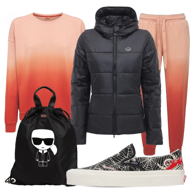 Outfit donna - Spirito sportivo. Stile Sporty chic per Tutti i giorni. Abbinamento con giacche, felpe, sneakers, zaini, pantaloni.