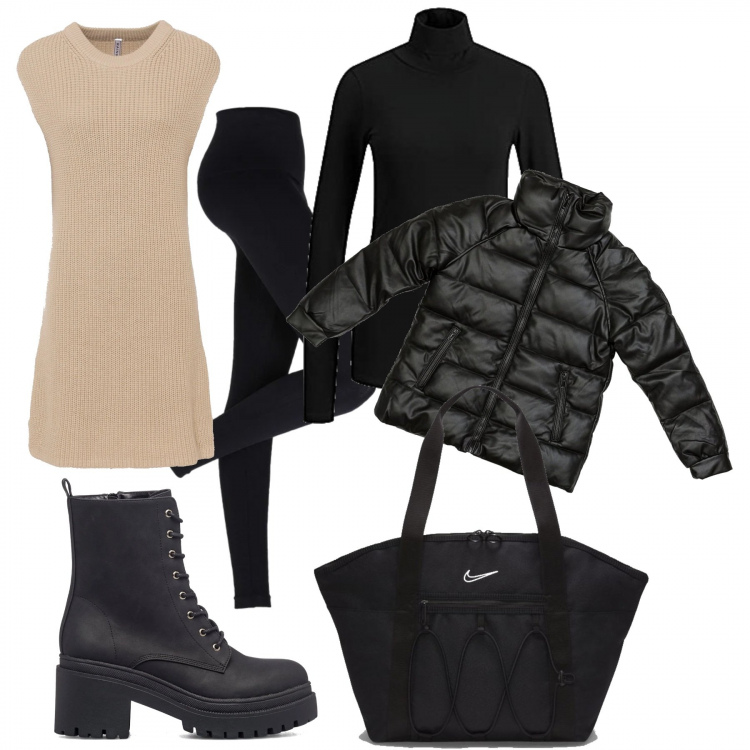 Outfit donna - Weekend lungo. Stile Urban per Tutti i giorni. Abbinamento con leggings, gilet, piumini, anfibi, t-shirt, borse tote.