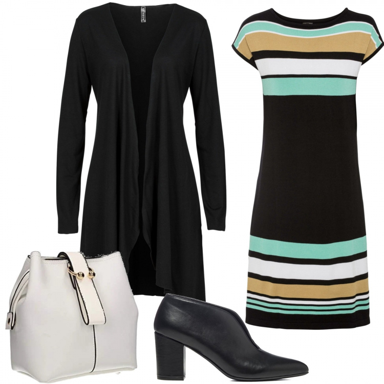 Outfit donna - Nadia. Stile 70s per Ufficio. Abbinamento con cardigans, vestiti, décolleté, borse a secchiello.