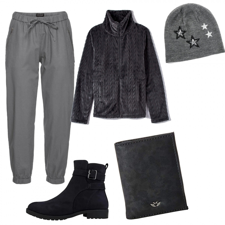 Outfit donna - Luisa porta a spasso Bobi. Stile Sporty chic per Tutti i giorni. Abbinamento con pantaloni, berretti, felpe, stivaletti, portafogli.
