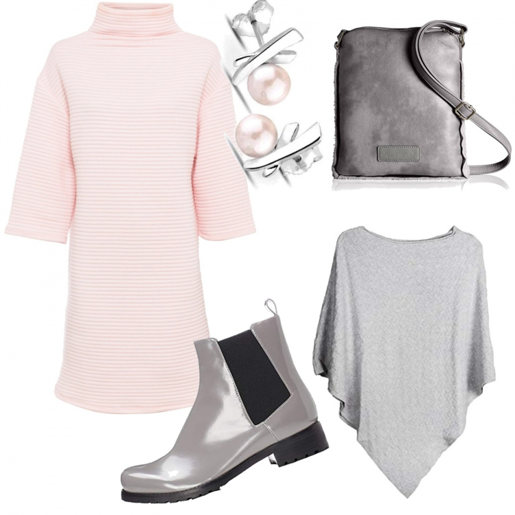 Outfit donna - Ottobre in rosa. Stile Chic per Ufficio. Abbinamento con vestiti, stivaletti chelsea, cappotti, orecchini, borse a mano.
