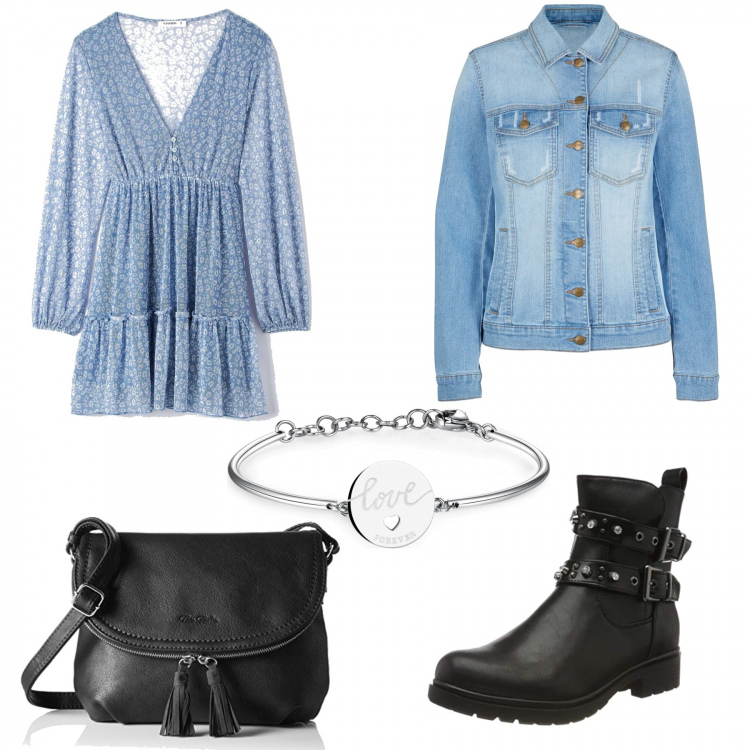 Outfit donna - Vestito Azzurro. Stile Casual chic per Tutti i giorni. Abbinamento con blazer, vestiti, braccialetti, borse a tracolla, stivaletti.