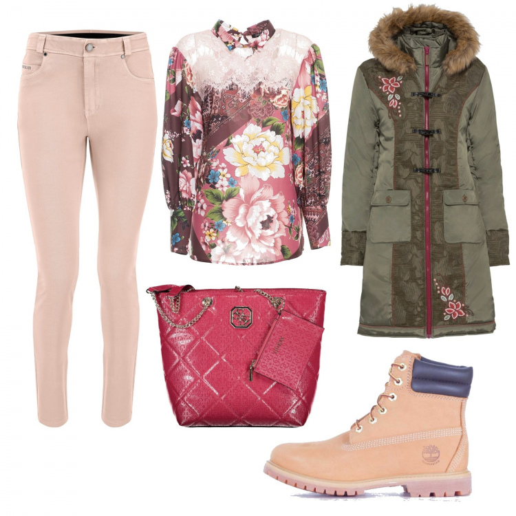 Outfit donna - Ottobre in rosa. Stile Romantica per Tutti i giorni. Abbinamento con cappotti, bluse, stivaletti, jeans, borse a spalla.