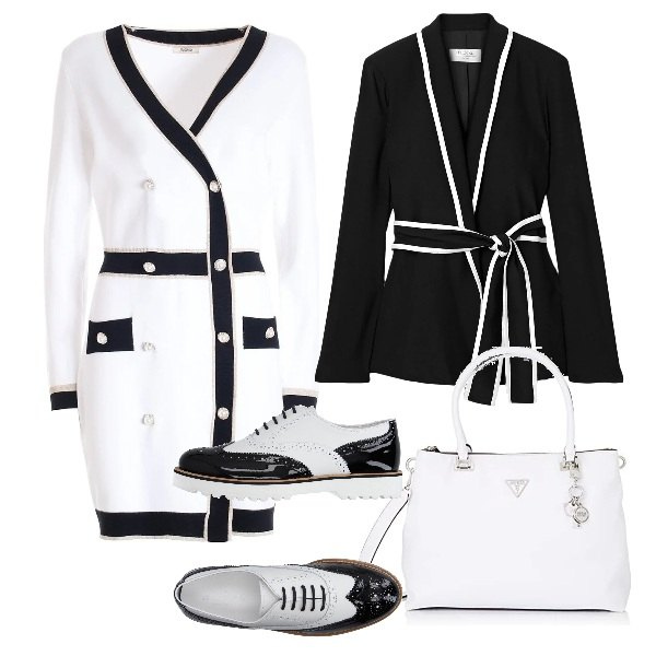 Outfit donna - Bianco o Nero?. Stile Casual per Ufficio. Abbinamento con scarpe stringate, blazer, vestiti, borse a mano.