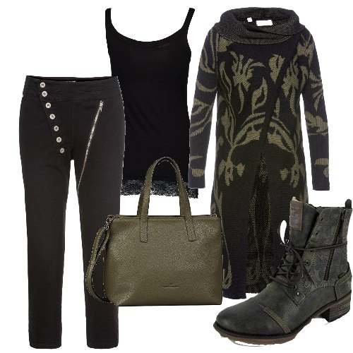 Outfit donna - Halloween è oggi. Stile Urban per Serata fuori. Abbinamento con cardigans, pantaloni capri, stivaletti, shopping bag, canottiere.