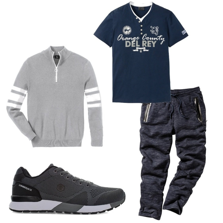 Outfit uomo - Abbinamenti grigio/blu. Stile Casual per Tutti i giorni. Abbinamento con t-shirt sportive, pantaloni, t-shirt, sneakers.