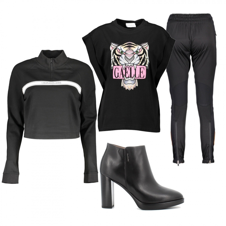 Outfit donna - Occhi di gatto. Stile Sporty chic per Serata fuori. Abbinamento con stivaletti, t-shirt, t-shirt, pantaloni.