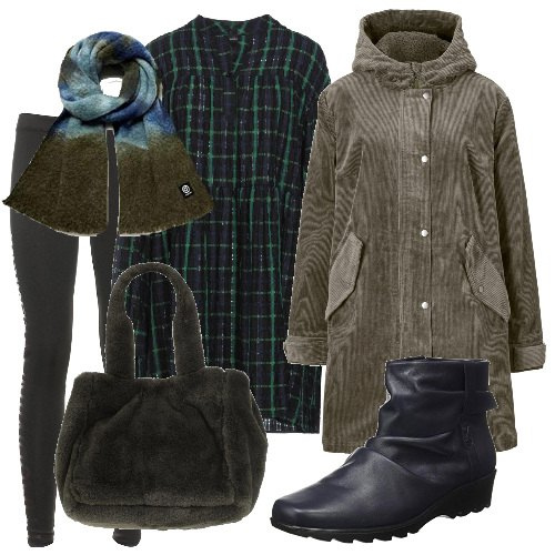 Outfit donna - Il camicione country. Stile Boho per Tutti i giorni. Abbinamento con parka, vestiti corti, borse a mano, leggings, sciarpe, stivaletti.