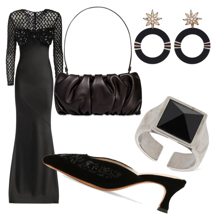 Outfit donna - Halloween total black. Stile Rock per Serata fuori. look ideale per Tall. Abbinamento con orecchini, vestiti, borse a spalla, anelli, sabot.