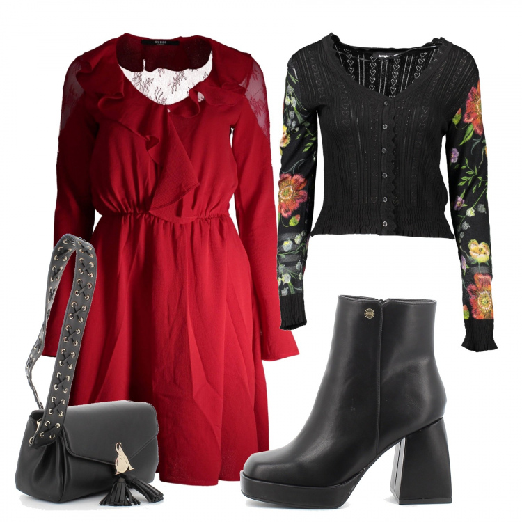 Outfit donna - Halloween night. Stile Glamour per Serata fuori. Abbinamento con stivaletti, borse a tracolla, vestiti corti, cardigans.