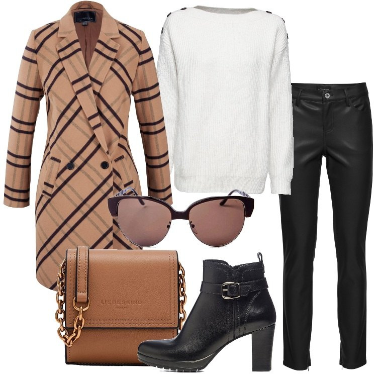 Outfit donna - Comincia dal cappotto. Stile Trendy per Tutti i giorni. Abbinamento con maglieria, cappotti, pantaloni, occhiali da sole, stivaletti, borse a tracolla.