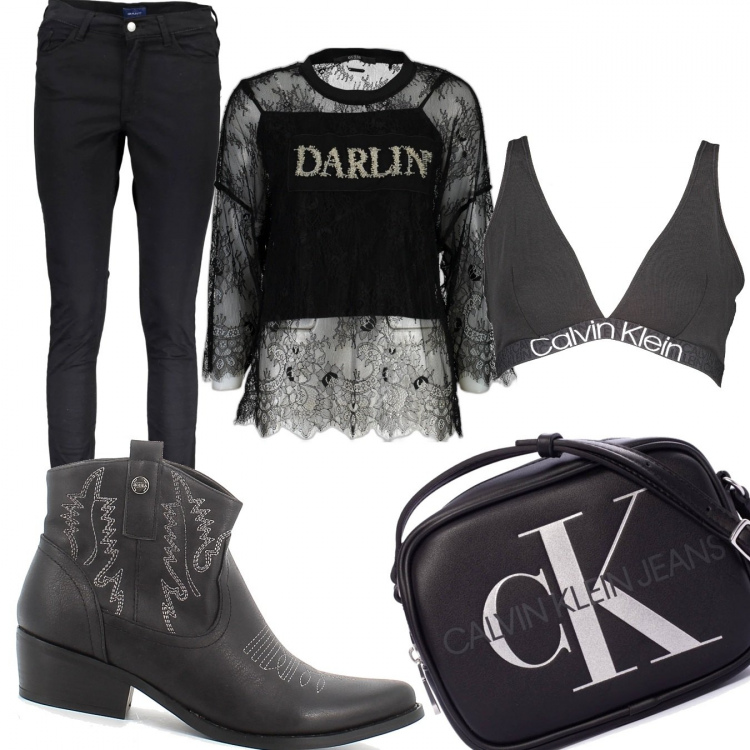 Outfit donna - Dolcetto o scherzetto. Stile Rock per Serata fuori. Abbinamento con borse a tracolla, stivali, maglieria, pantaloni, reggiseni.