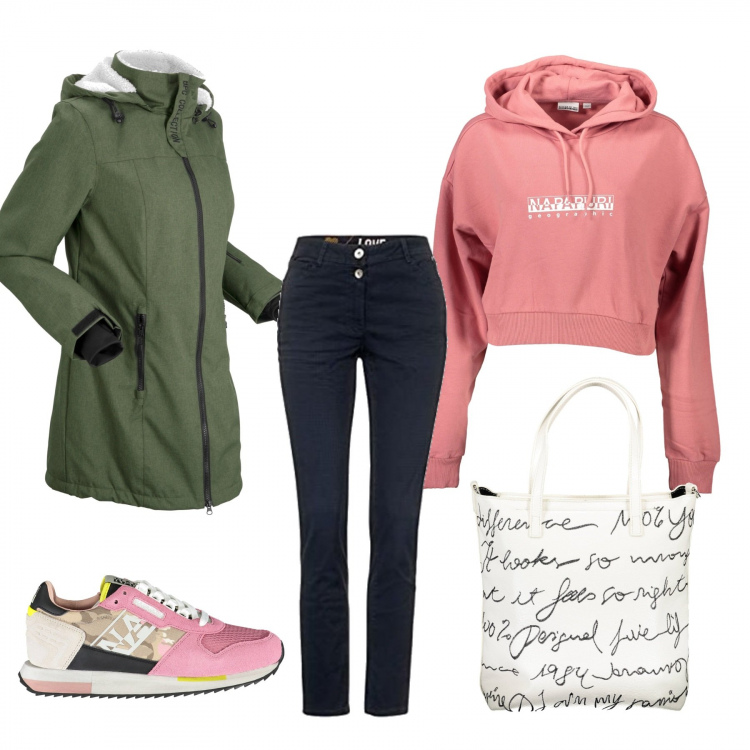 Outfit donna - Napapijri. Stile Sporty chic per Tutti i giorni. Abbinamento con blazer, pochette, felpe con cappuccio, pantaloni, sneakers.