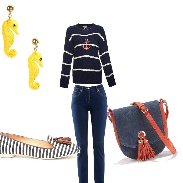 Outfit donna - Bon Ton #6736. Stile Bon Ton per Tutti i giorni. Abbinamento con jeans dritti, orecchini in ottone, pullover, borsa a tracolla effetto scamosciato, ballerine effetto scamosciato con nappine.