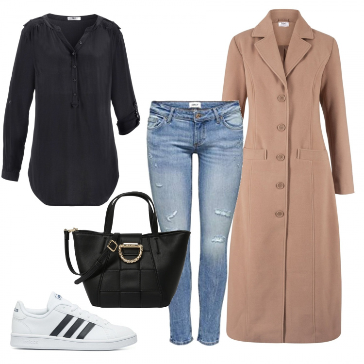 Outfit donna - Casual chic. Stile Casual chic per Tutti i giorni. look ideale per Tall. Abbinamento con tuniche, cappotti, sneakers, jeans skinny, borse a mano.