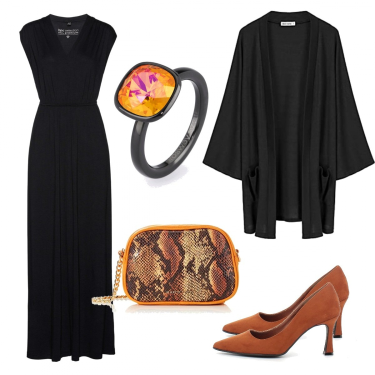 Outfit donna - Morticia style ai giorni nostri. Stile Casual chic per Serata fuori. Abbinamento con vestiti lunghi, anelli, sandali, cardigans, borse a tracolla.