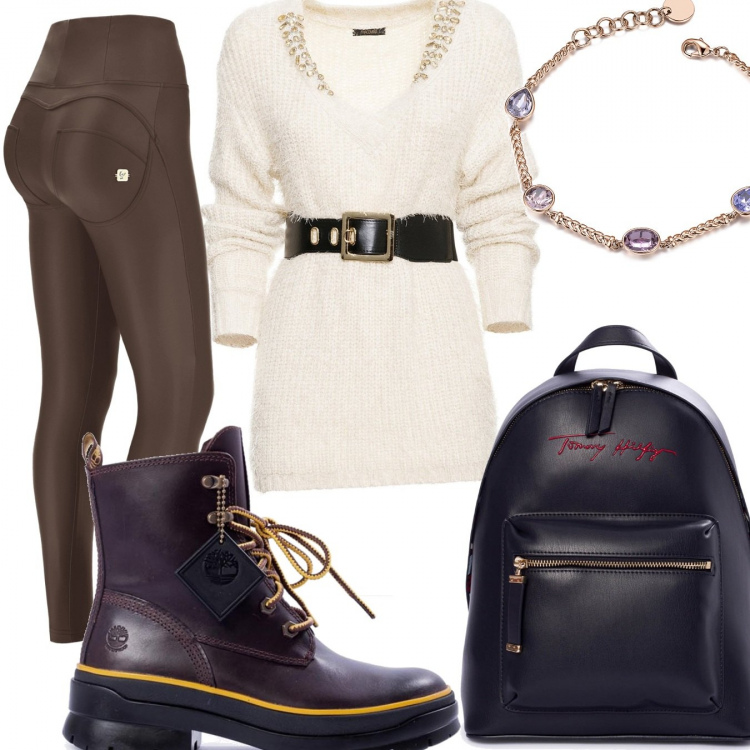 Outfit donna - Grintosa. Stile Chic per Serata fuori. Abbinamento con maglieria, stivaletti, zaini, braccialetti, pantaloni skinny.