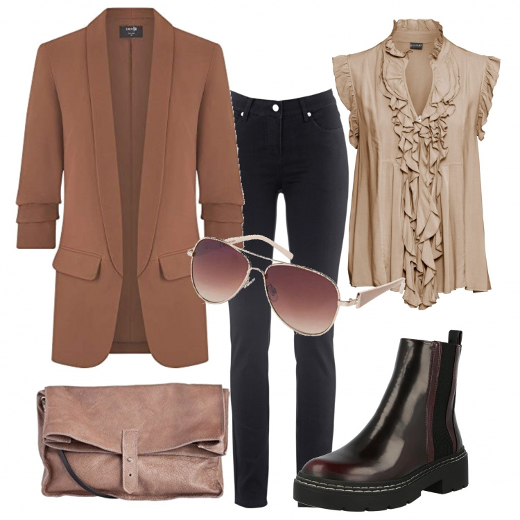 Outfit donna - Sporty chic con il brazer. Stile Sporty chic per Tutti i giorni. Abbinamento con jeans dritti, maglieria, blazer, stivali, occhiali da sole, borse a mano.