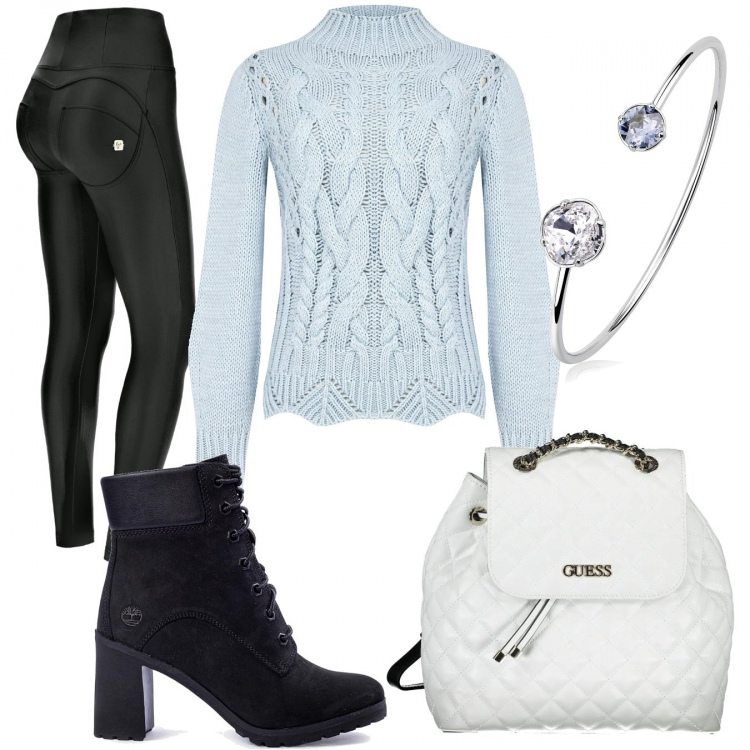 Outfit donna - Novembre siamo pronti. Stile Casual chic per Serata fuori. Abbinamento con maglieria, stivali, braccialetti, pantaloni skinny, zaini.