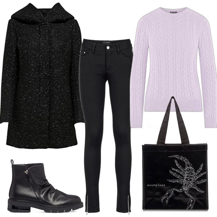 Outfit donna - La bag astrologica. Stile Basic per Tutti i giorni. Abbinamento con pantaloni, shopping bag, stivaletti, cappotti, maglieria.