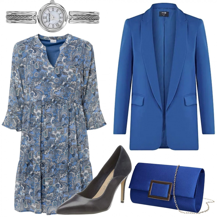 Outfit donna - L\'eleganza del blu. Stile Chic per Serata fuori. Abbinamento con vestiti, blazer, décolleté, orologi analogici, pochette.