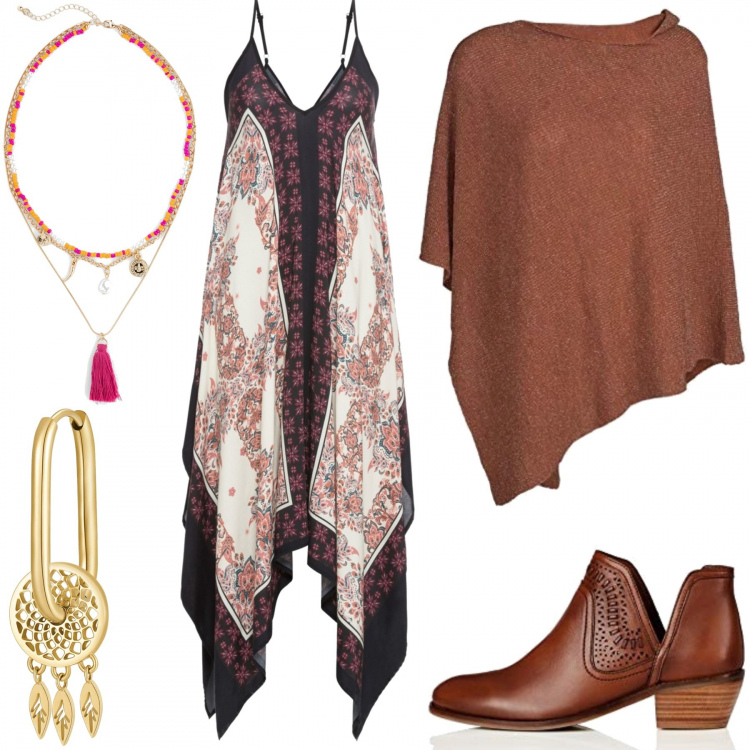 Outfit donna - Ethno chic. Stile Etnico per Tutti i giorni. Abbinamento con vestiti midi/longuette, collane, orecchini, cappotti, stivaletti.