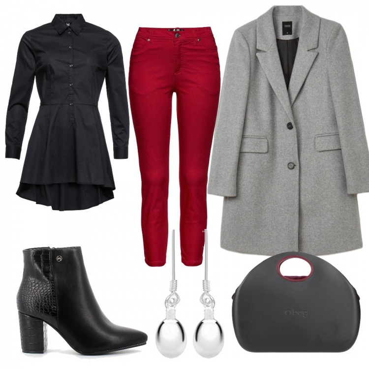 Outfit donna - Una giornata qualunque. Stile Casual chic per Tutti i giorni. look ideale per Petite. Abbinamento con camicie, pantaloni, borse a mano, cappotti, stivaletti, orecchini.