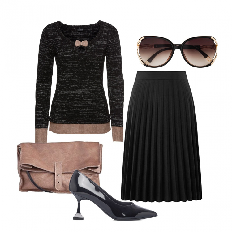 Outfit donna - Pomeriggio dalla suocera. Stile Casual chic per Tutti i giorni. Abbinamento con maglieria, occhiali da sole, décolleté, gonne longuette, borse a mano.