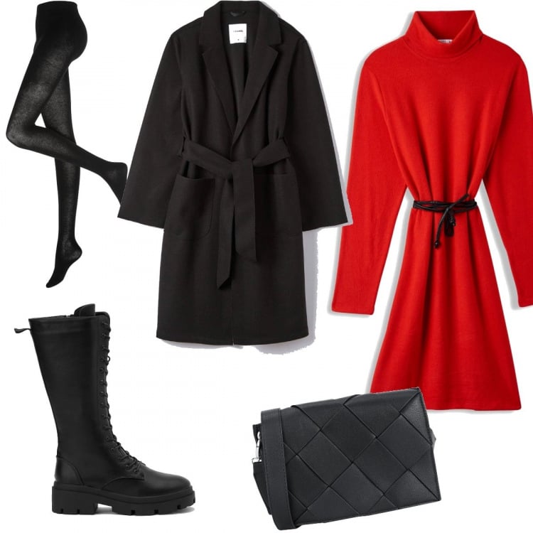 Outfit donna - Curvy love. Stile Minimal per Tutti i giorni. Abbinamento con collant, borse a tracolla, vestiti, cappotti, anfibi.