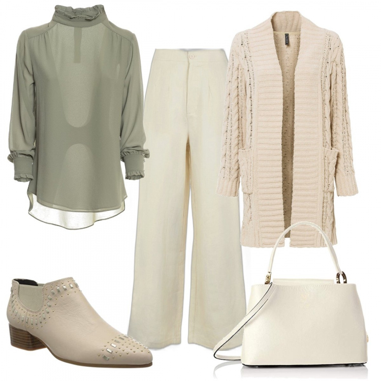 Outfit donna - Color panna. Stile Bon Ton per Tutti i giorni. Abbinamento con cardigans, pantaloni a palazzo, bluse, borse a mano, stivaletti chelsea.