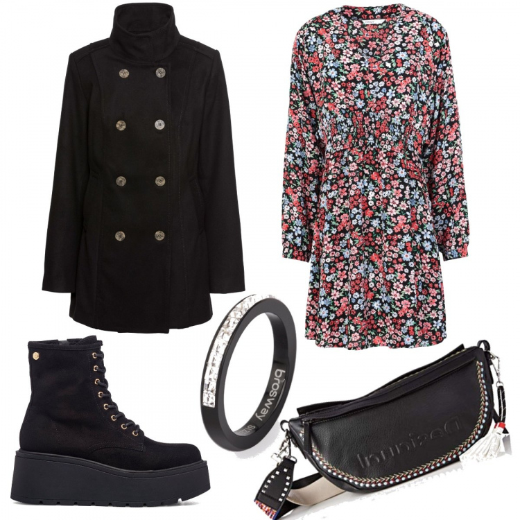 Outfit donna - Cappottino nero bon ton. Stile Trendy per Tutti i giorni. Abbinamento con caban, vestiti corti, anelli, anfibi, borse a spalla.