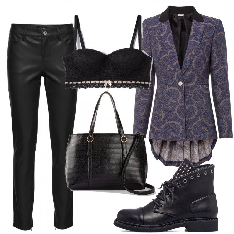 Outfit donna - Una giacchetta molto stilosa. Stile Trendy per Serata fuori. Abbinamento con maglione, pantaloni, borse a mano, reggiseni, anfibi.
