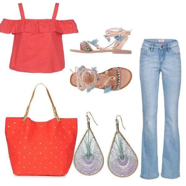 Outfit donna - Trendy#2132. Stile Trendy per Tutti i giorni. Abbinamento con jeans bootcut, sandali con strass senza tacco con punta tonda e nappine, borsa petite rosso, camicetta rosso, orecchini blu.
