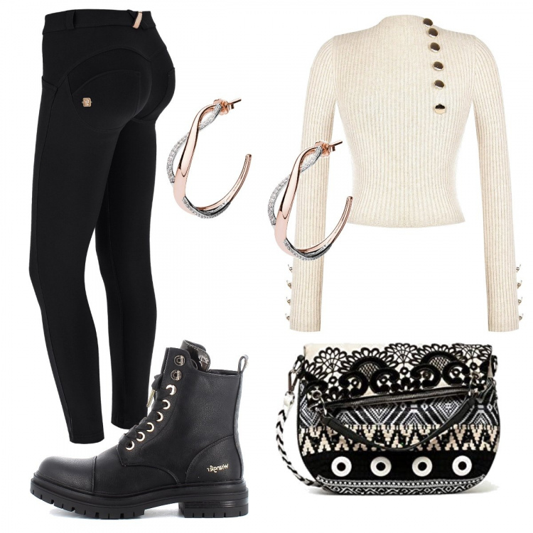 Outfit donna - La borsetta particolare. Stile Trendy per Tutti i giorni. Abbinamento con maglieria, orecchini, pantaloni skinny, anfibi, borse a tracolla.