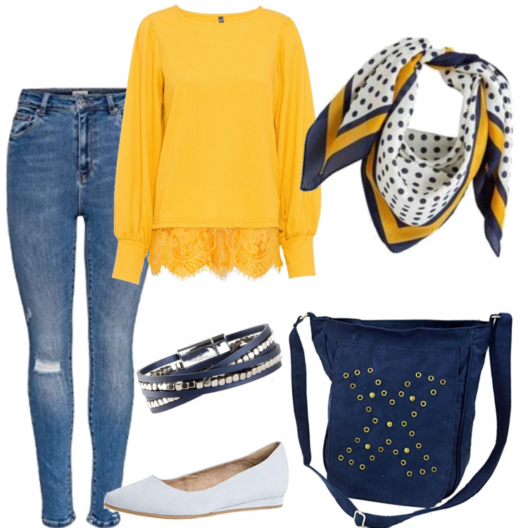 Outfit mujer - Basic #32615. Estilo Basic para Todos los días. Combinación con bailarinas, bandoleras, vaqueros, camiseta, pulseras, bandas para el pelo.