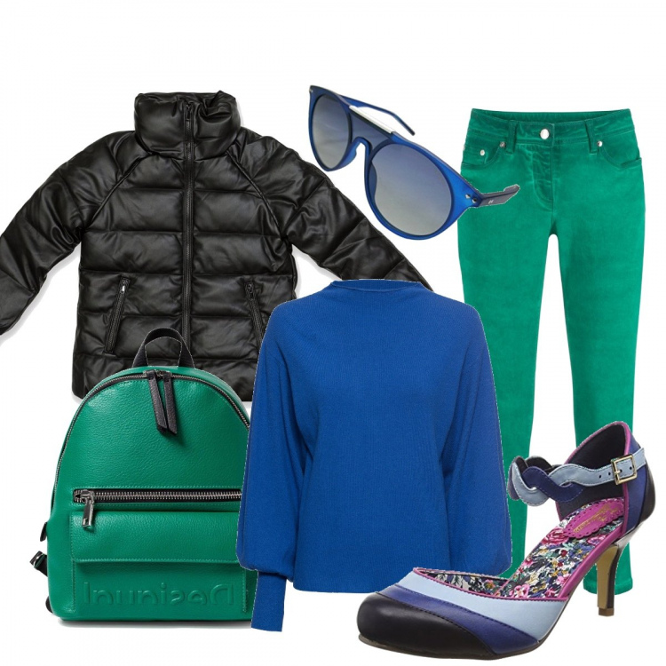 Outfit donna - Colori freddi. Stile Casual chic per Tutti i giorni. Abbinamento con maglieria, pantaloni capri, zaini, piumini, scarpe col tacco, occhiali da sole.