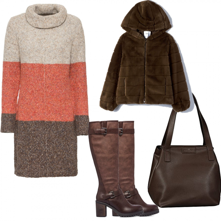 Outfit donna - L\'abito in maglia. Stile Basic per Tutti i giorni. Abbinamento con vestiti, ecopellicce, stivali, shopping bag.