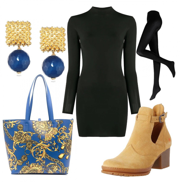 Outfit donna - Casual chic #8705. Stile Casual chic per Serata fuori. Abbinamento con collant, vestiti, borse tote, scarpe col tacco, orecchini.