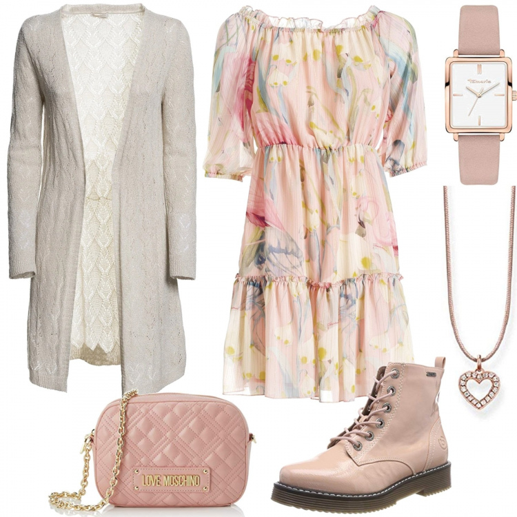Outfit donna - Romanticamente novembre. Stile Romantica per Tutti i giorni. Abbinamento con vestiti, cardigans, stivaletti, ciondoli, borse a tracolla, orologi.