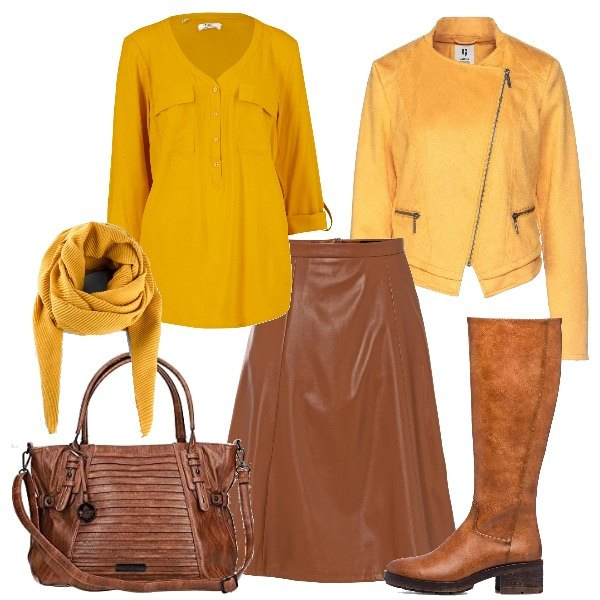 Outfit donna - Giallo e caramello. Stile Casual per Tutti i giorni. Abbinamento con foulard, gonne, bluse, giacche, stivali, shopping bag.