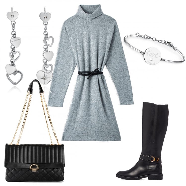 Outfit donna - Curvy love. Stile Trendy per Tutti i giorni. look ideale per Petite. Abbinamento con borse a tracolla, vestiti, orecchini, braccialetti, stivali.