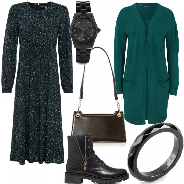 Outfit donna - Un po\' verde un po\' nero. Stile Romantica per Ufficio. Abbinamento con vestiti midi/longuette, cardigans, anelli, orologi, anfibi, borse a tracolla.