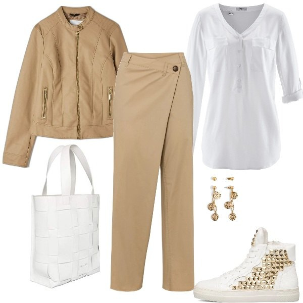 Outfit donna - Il pantalone asimmetrico. Stile Urban per Tutti i giorni. Abbinamento con bluse, pantaloni, orecchini, cappotti, sneakers alte, borse a mano.