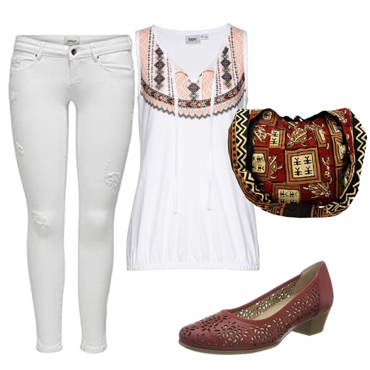Outfit mujer - Étnico #3264. Estilo Étnico para Todos los días. Combinación con zapatos de tacón, vaqueros, bolsos de hombro, camiseta.