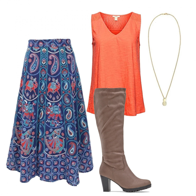 Outfit mujer - Chic #23196. Estilo Chic para Todos los días. Combinación con faldas, collares, camiseta, botas.