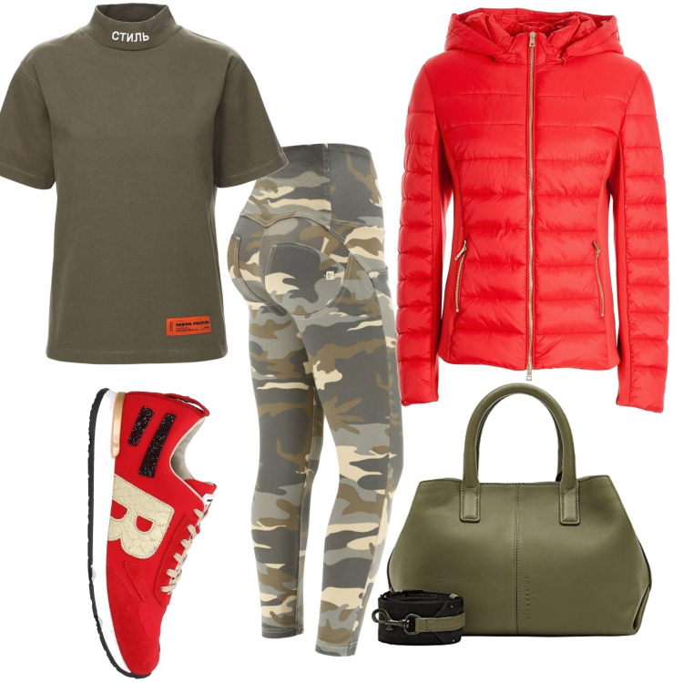 Outfit donna - Total look #1186837. Stile Casual per Serata fuori. Abbinamento con sneakers, piumini, pantaloni skinny, shopping bag, t-shirt.